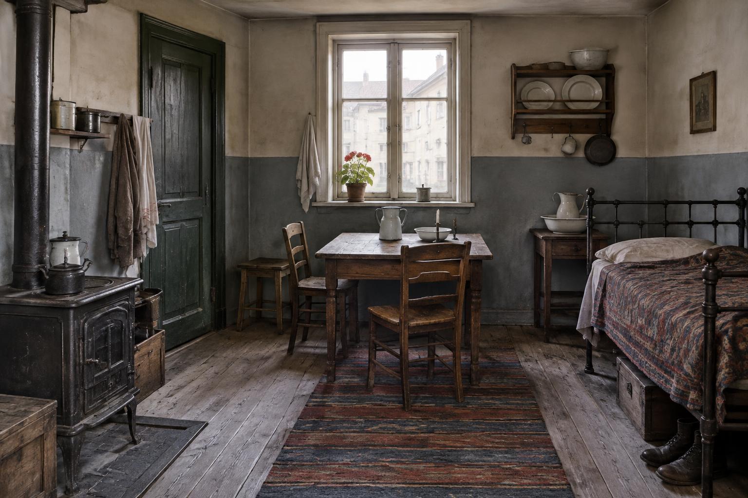 AI-rekonstruktion av en enkel arbetarbostad i Stockholm omkring 1900