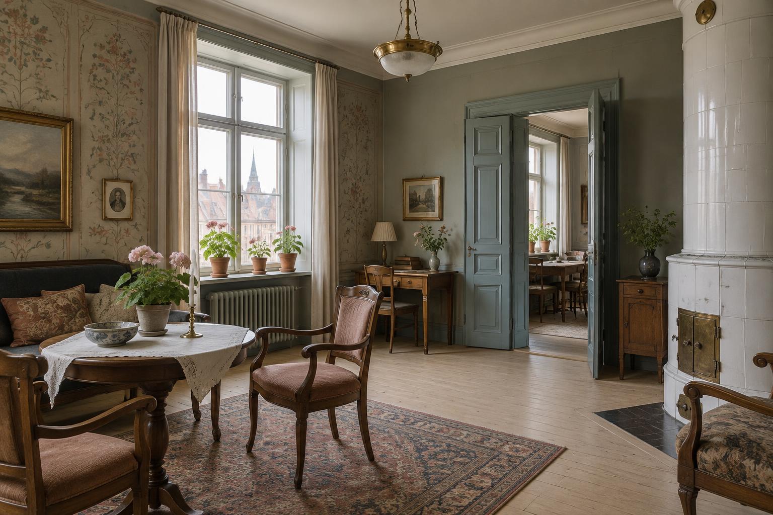 AI-rekonstruktion av ett jugendrum i ett välbeställt Stockholmshem omkring 1905