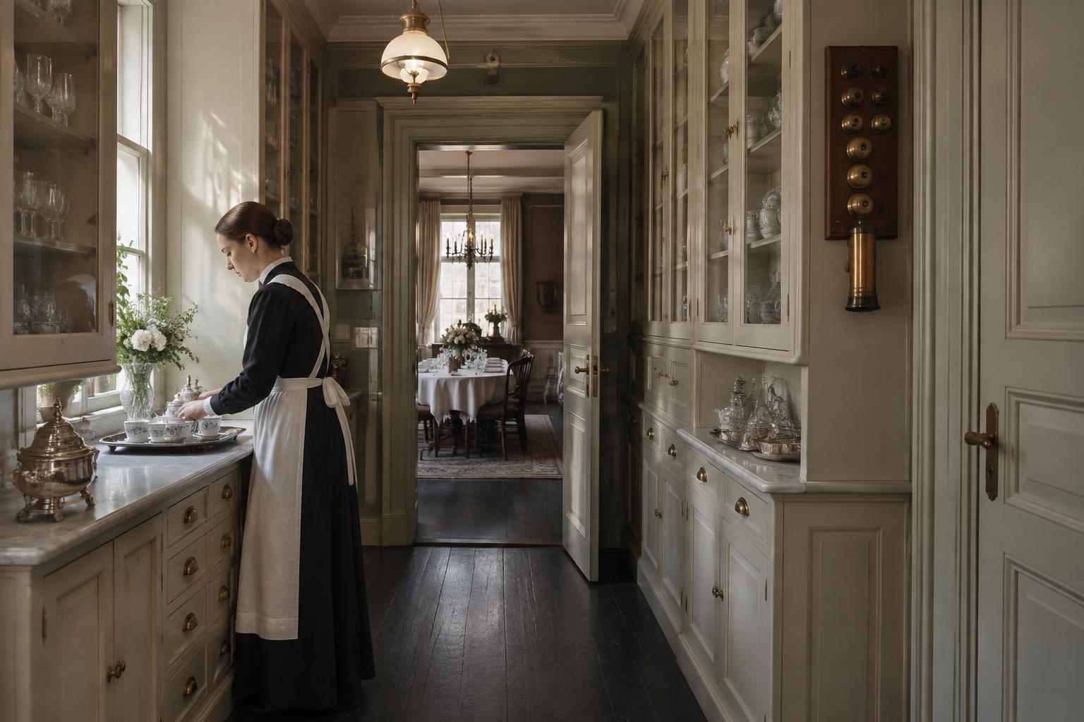 AI-rekonstruktion av ett serveringsrum i en välbärgad Stockholmsvåning omkring 1905